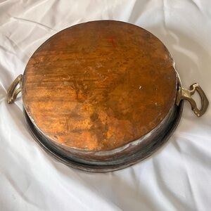 Vintage Copper Brass Round Hammered Bottom Pan Double Handles Wall Decor